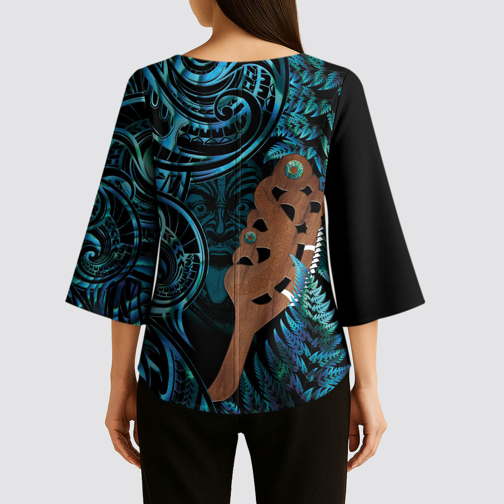 Maripi New Zealand Kimono Sleeve Blouse Maori Weapon Paua Shell Haka Fern