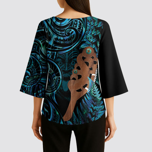 Maripi New Zealand Kimono Sleeve Blouse Maori Weapon Paua Shell Haka Fern