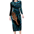 Maripi New Zealand Long Sleeve Bodycon Dress Maori Weapon Paua Shell Haka Fern