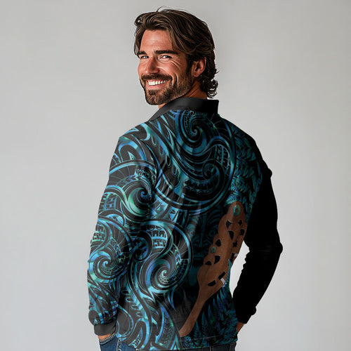 Maripi New Zealand Long Sleeve Polo Shirt Maori Weapon Paua Shell Haka Fern