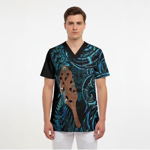 Maripi New Zealand Scrub Top Maori Weapon Paua Shell Haka Fern
