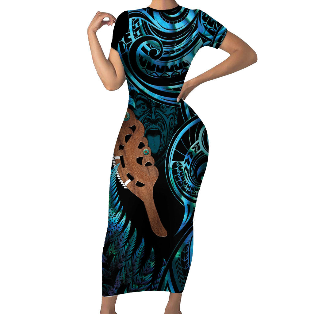 Maripi New Zealand Short Sleeve Bodycon Dress Maori Weapon Paua Shell Haka Fern