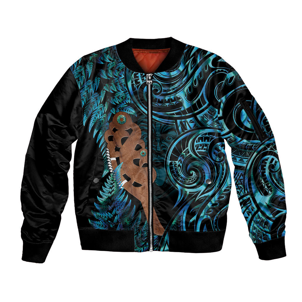 Maripi New Zealand Sleeve Zip Bomber Jacket Maori Weapon Paua Shell Haka Fern