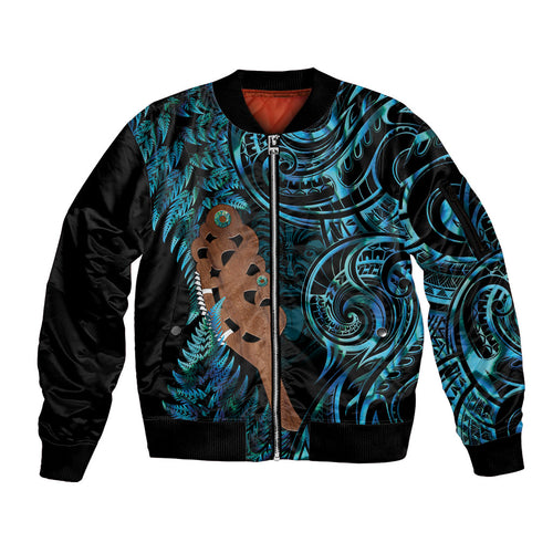 Maripi New Zealand Sleeve Zip Bomber Jacket Maori Weapon Paua Shell Haka Fern