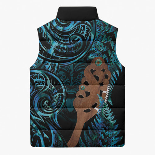 Maripi New Zealand Sleeveless Puffer Jacket Maori Weapon Paua Shell Haka Fern