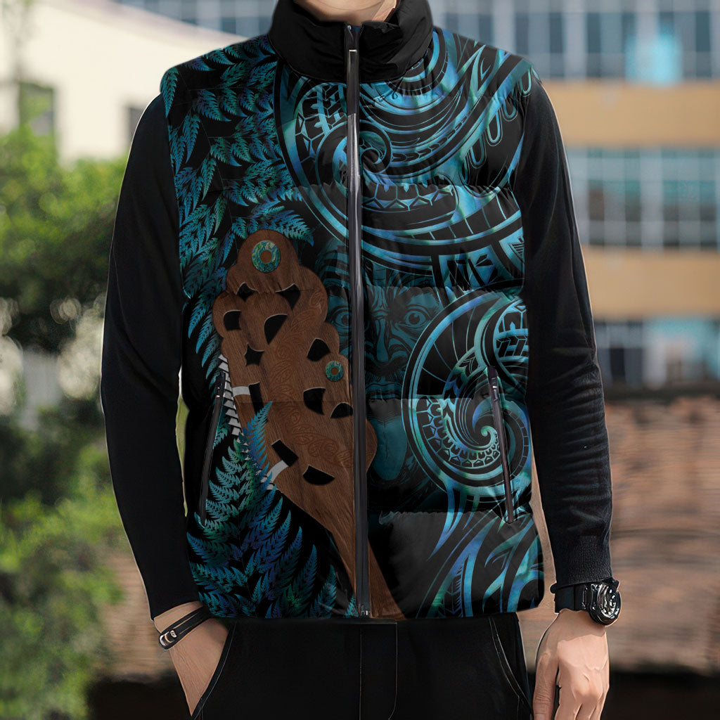 Maripi New Zealand Sleeveless Puffer Jacket Maori Weapon Paua Shell Haka Fern