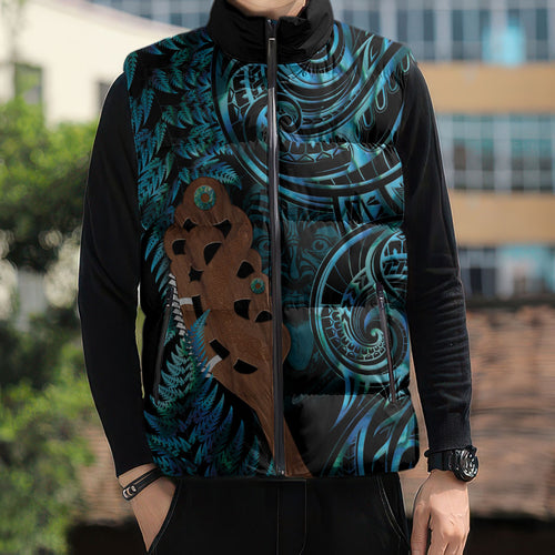Maripi New Zealand Sleeveless Puffer Jacket Maori Weapon Paua Shell Haka Fern