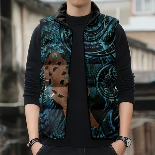Maripi New Zealand Sleeveless Puffer Jacket Maori Weapon Paua Shell Haka Fern