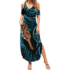 Maripi New Zealand Summer Maxi Dress Maori Weapon Paua Shell Haka Fern