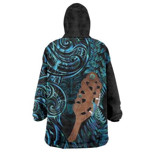 Maripi New Zealand Wearable Blanket Hoodie Maori Weapon Paua Shell Haka Fern