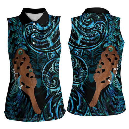 Maripi New Zealand Women Sleeveless Polo Shirt Maori Weapon Paua Shell Haka Fern
