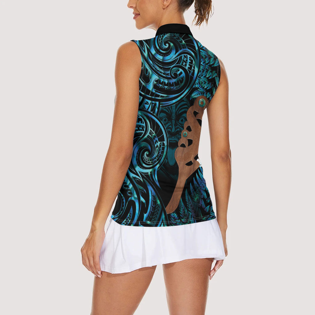Maripi New Zealand Women Sleeveless Polo Shirt Maori Weapon Paua Shell Haka Fern