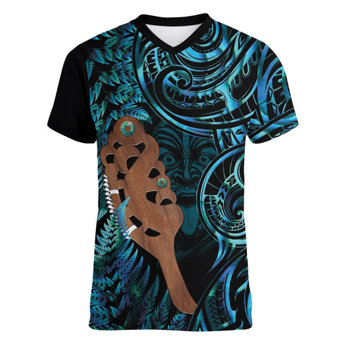 Maripi New Zealand Women V-Neck T-Shirt Maori Weapon Paua Shell Haka Fern
