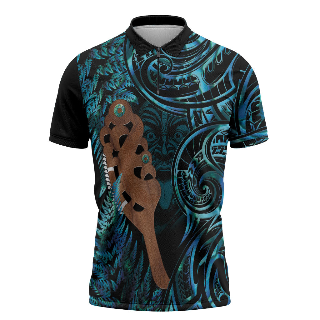 Maripi New Zealand Zipper Polo Shirt Maori Weapon Paua Shell Haka Fern