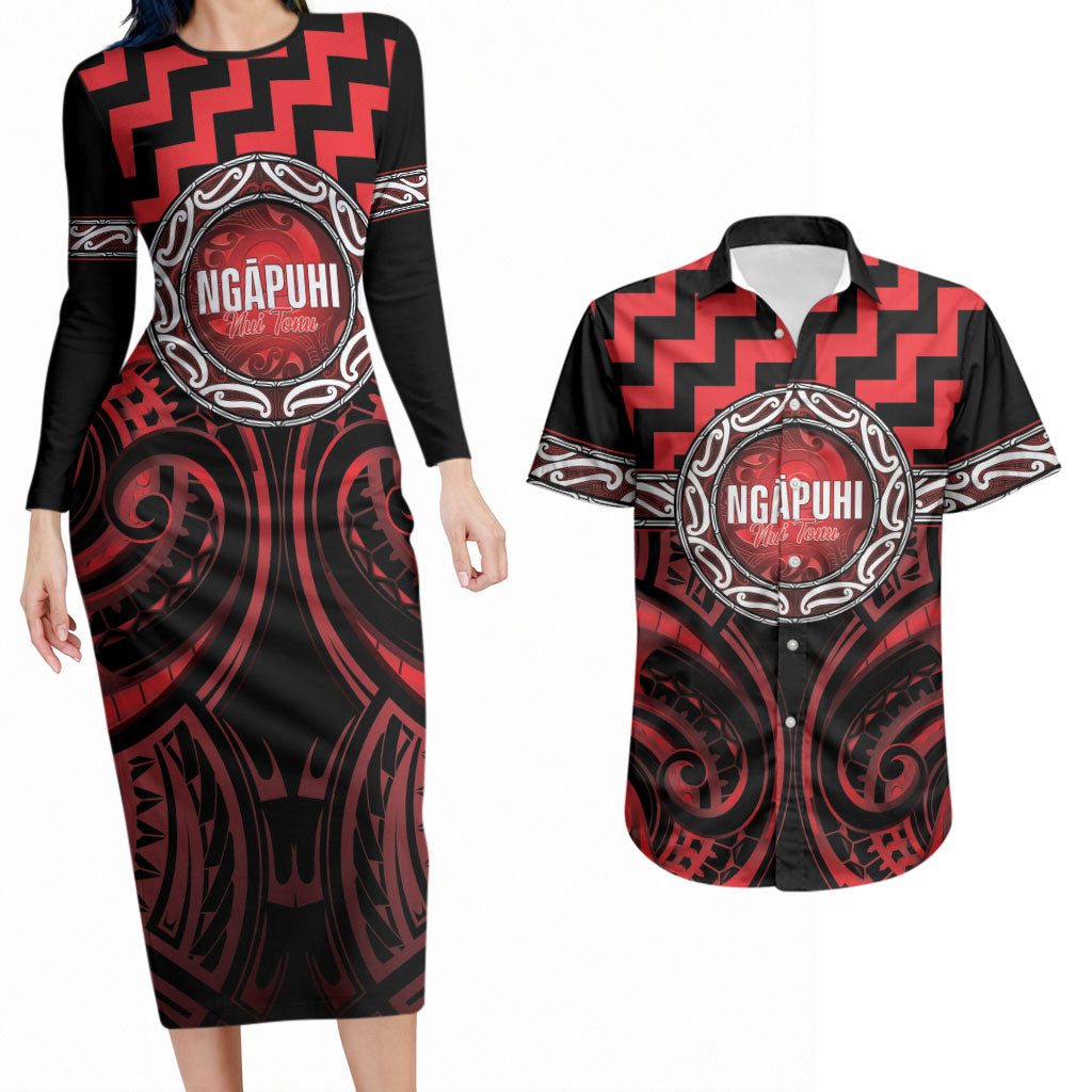 Aotearoa Ngapuhi Personalised Couples Matching Long Sleeve Bodycon Dress and Hawaiian Shirt Maori Iwi Poutama Puhoro Tattoo
