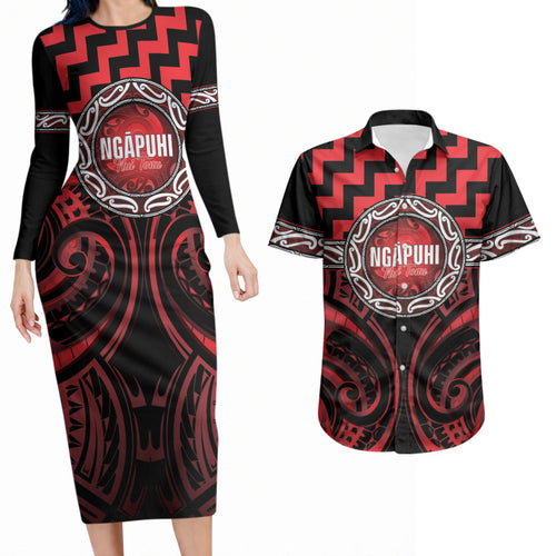 Aotearoa Ngapuhi Personalised Couples Matching Long Sleeve Bodycon Dress and Hawaiian Shirt Maori Iwi Poutama Puhoro Tattoo