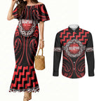 Aotearoa Ngapuhi Personalised Couples Matching Mermaid Dress and Long Sleeve Button Shirt Maori Iwi Poutama Puhoro Tattoo