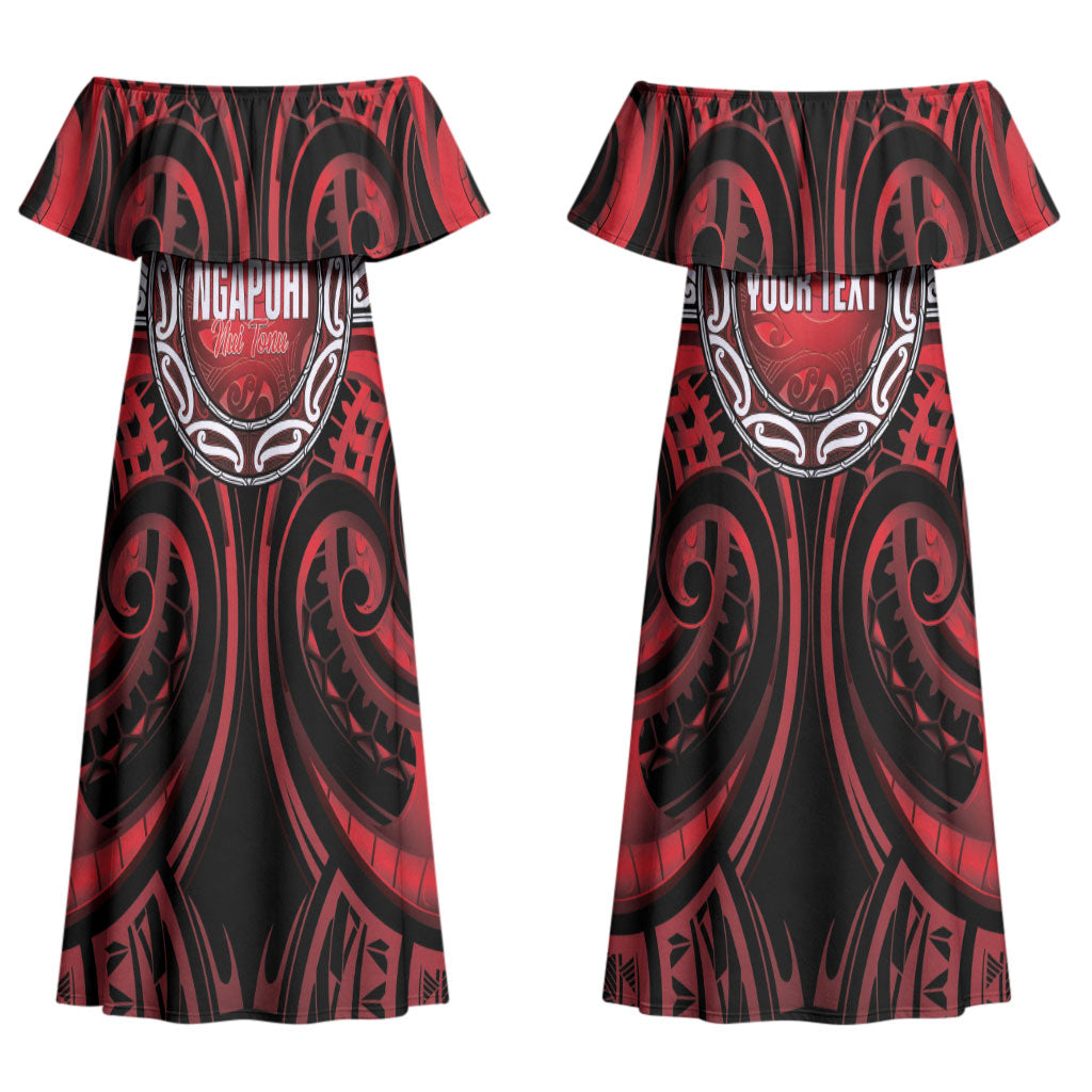 Aotearoa Ngapuhi Personalised Couples Matching Off Shoulder Maxi Dress and Long Sleeve Button Shirt Maori Iwi Poutama Puhoro Tattoo