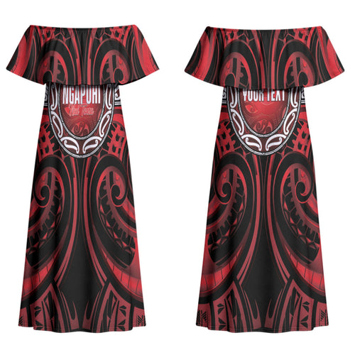 Aotearoa Ngapuhi Personalised Couples Matching Off Shoulder Maxi Dress and Long Sleeve Button Shirt Maori Iwi Poutama Puhoro Tattoo
