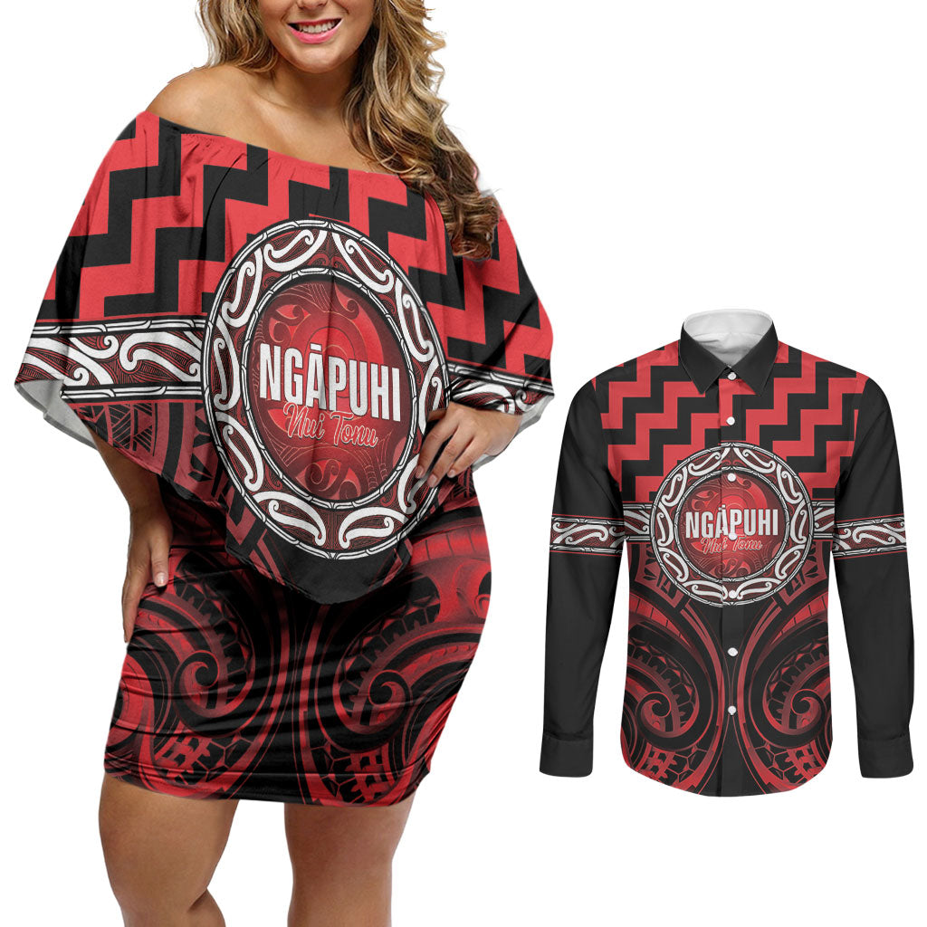 Aotearoa Ngapuhi Personalised Couples Matching Off Shoulder Short Dress and Long Sleeve Button Shirt Maori Iwi Poutama Puhoro Tattoo