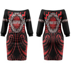 Aotearoa Ngapuhi Personalised Couples Matching Off The Shoulder Long Sleeve Dress and Long Sleeve Button Shirt Maori Iwi Poutama Puhoro Tattoo