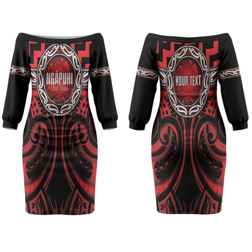 Aotearoa Ngapuhi Personalised Couples Matching Off The Shoulder Long Sleeve Dress and Long Sleeve Button Shirt Maori Iwi Poutama Puhoro Tattoo