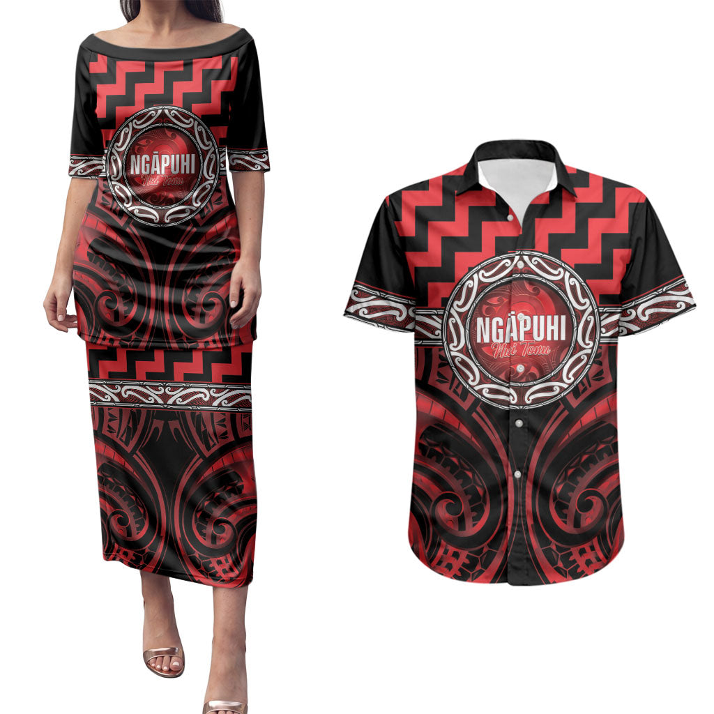 Aotearoa Ngapuhi Personalised Couples Matching Puletasi and Hawaiian Shirt Maori Iwi Poutama Puhoro Tattoo