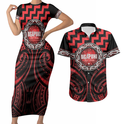 Aotearoa Ngapuhi Personalised Couples Matching Short Sleeve Bodycon Dress and Hawaiian Shirt Maori Iwi Poutama Puhoro Tattoo