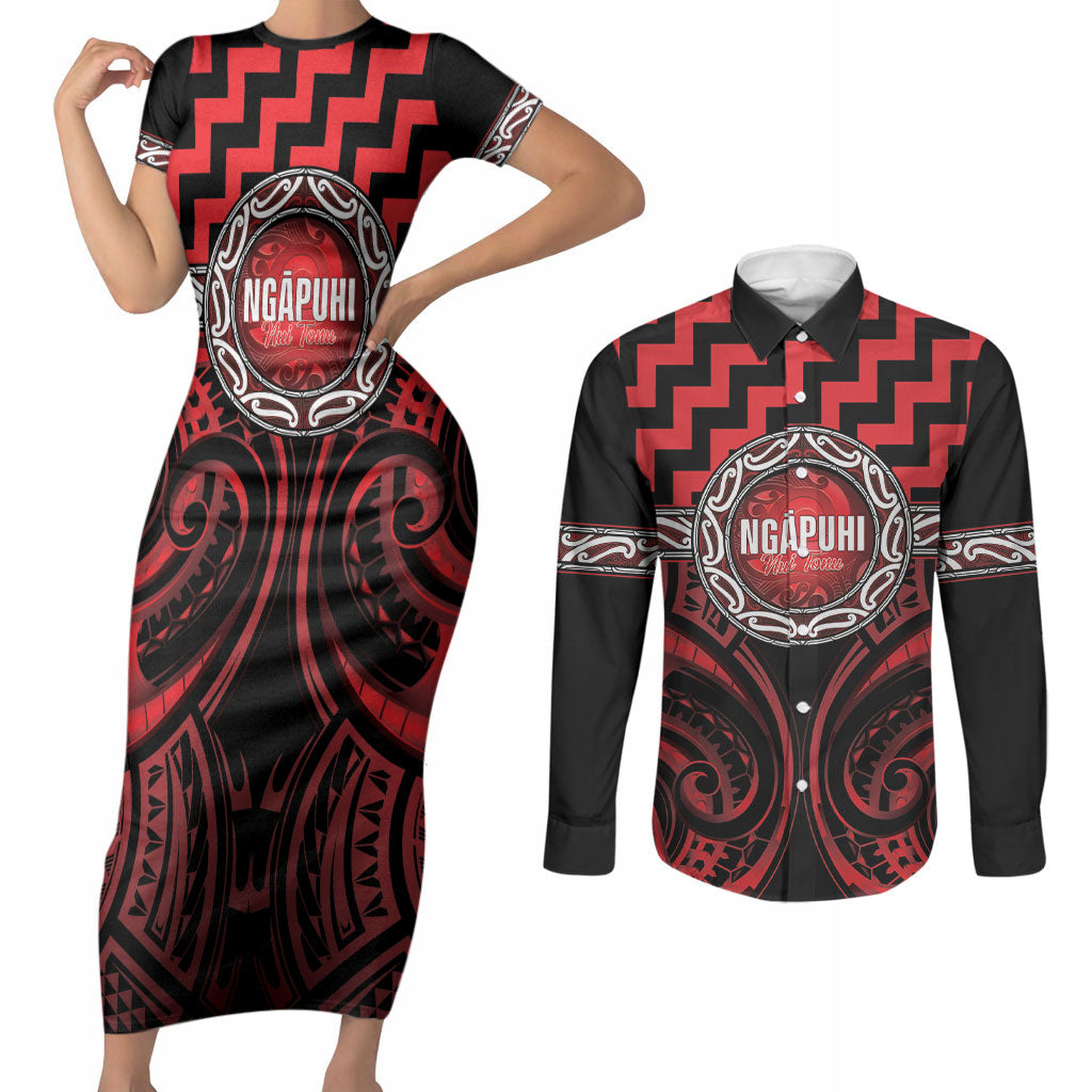Aotearoa Ngapuhi Personalised Couples Matching Short Sleeve Bodycon Dress and Long Sleeve Button Shirt Maori Iwi Poutama Puhoro Tattoo