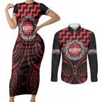 Aotearoa Ngapuhi Personalised Couples Matching Short Sleeve Bodycon Dress and Long Sleeve Button Shirt Maori Iwi Poutama Puhoro Tattoo