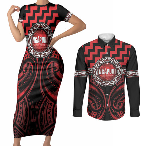 Aotearoa Ngapuhi Personalised Couples Matching Short Sleeve Bodycon Dress and Long Sleeve Button Shirt Maori Iwi Poutama Puhoro Tattoo