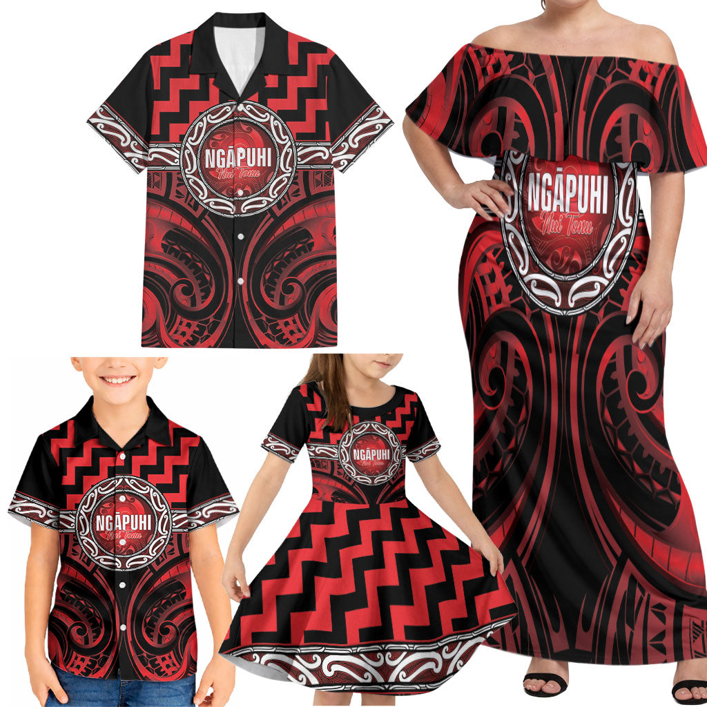 Aotearoa Ngapuhi Personalised Family Matching Off Shoulder Maxi Dress and Hawaiian Shirt Maori Iwi Poutama Puhoro Tattoo