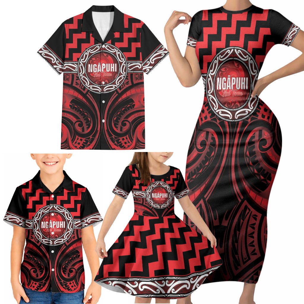 Aotearoa Ngapuhi Personalised Family Matching Short Sleeve Bodycon Dress and Hawaiian Shirt Maori Iwi Poutama Puhoro Tattoo