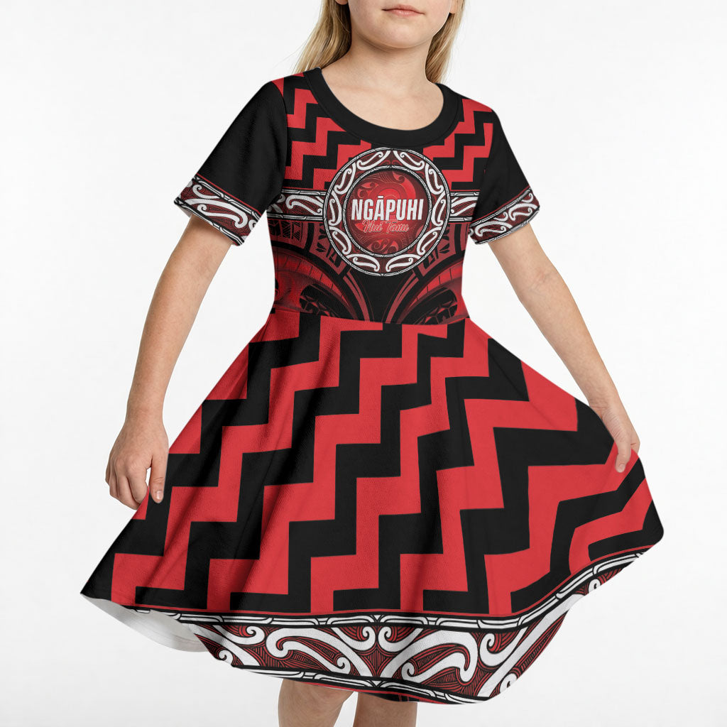 Aotearoa Ngapuhi Personalised Kid Short Sleeve Dress Maori Iwi Poutama Puhoro Tattoo