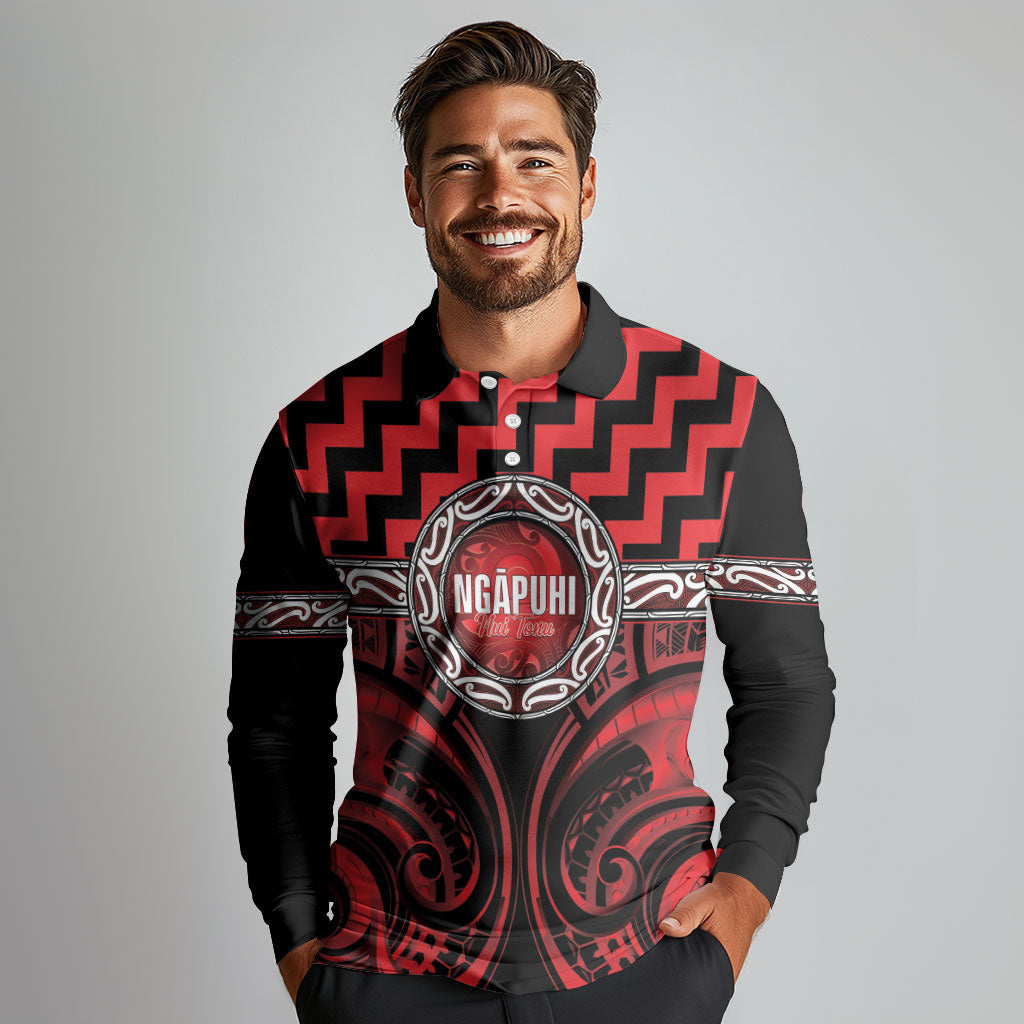 Aotearoa Ngapuhi Personalised Long Sleeve Polo Shirt Maori Iwi Poutama Puhoro Tattoo