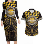 Aotearoa Ngati Porou Personalised Couples Matching Long Sleeve Bodycon Dress and Hawaiian Shirt Maori Iwi Poutama Puhoro Tattoo