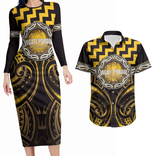 Aotearoa Ngati Porou Personalised Couples Matching Long Sleeve Bodycon Dress and Hawaiian Shirt Maori Iwi Poutama Puhoro Tattoo