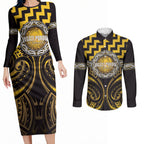 Aotearoa Ngati Porou Personalised Couples Matching Long Sleeve Bodycon Dress and Long Sleeve Button Shirt Maori Iwi Poutama Puhoro Tattoo