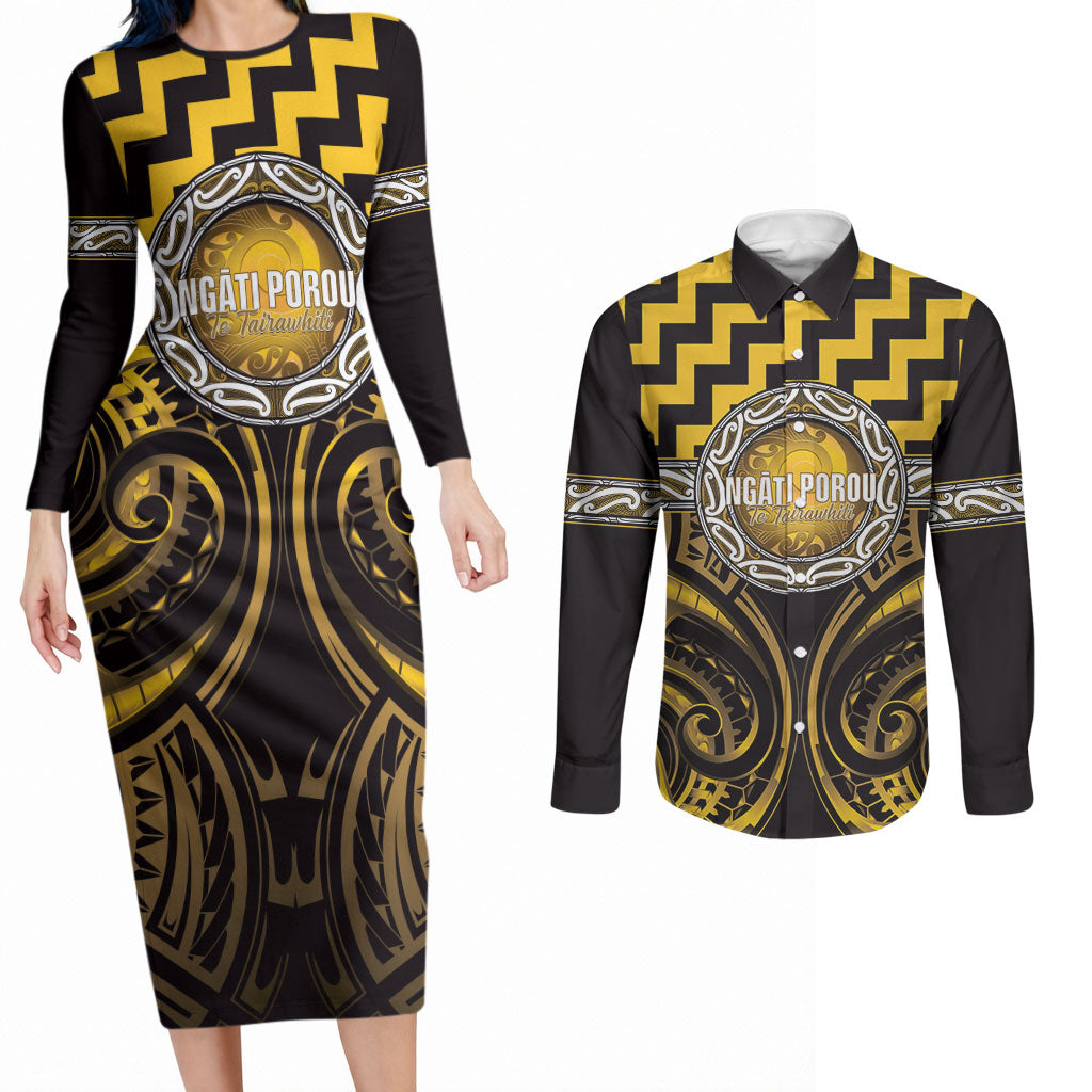 Aotearoa Ngati Porou Personalised Couples Matching Long Sleeve Bodycon Dress and Long Sleeve Button Shirt Maori Iwi Poutama Puhoro Tattoo