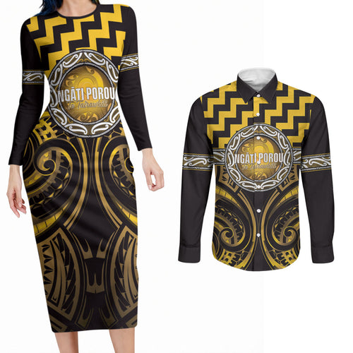 Aotearoa Ngati Porou Personalised Couples Matching Long Sleeve Bodycon Dress and Long Sleeve Button Shirt Maori Iwi Poutama Puhoro Tattoo