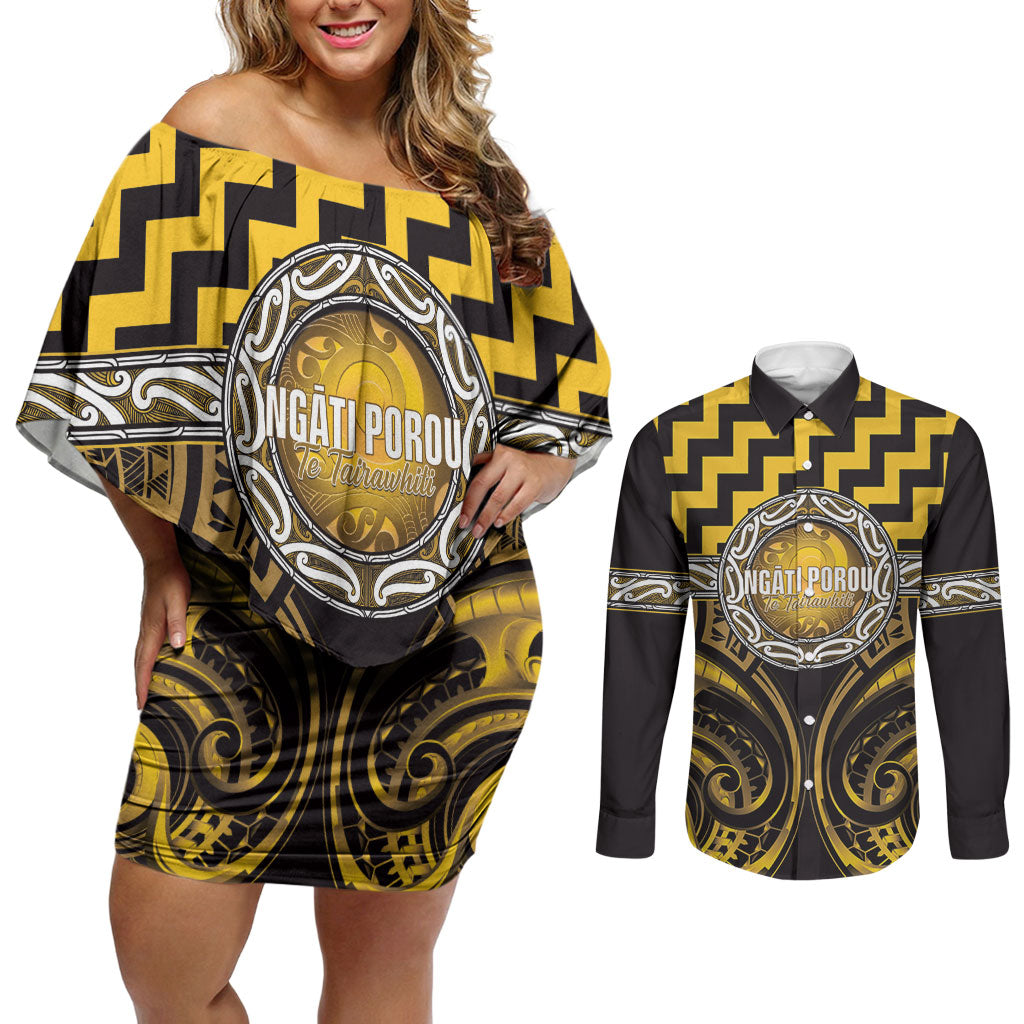 Aotearoa Ngati Porou Personalised Couples Matching Off Shoulder Short Dress and Long Sleeve Button Shirt Maori Iwi Poutama Puhoro Tattoo
