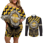 Aotearoa Ngati Porou Personalised Couples Matching Off Shoulder Short Dress and Long Sleeve Button Shirt Maori Iwi Poutama Puhoro Tattoo