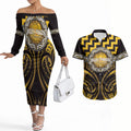 Aotearoa Ngati Porou Personalised Couples Matching Off The Shoulder Long Sleeve Dress and Hawaiian Shirt Maori Iwi Poutama Puhoro Tattoo