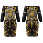 Aotearoa Ngati Porou Personalised Couples Matching Off The Shoulder Long Sleeve Dress and Hawaiian Shirt Maori Iwi Poutama Puhoro Tattoo