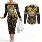 Aotearoa Ngati Porou Personalised Couples Matching Off The Shoulder Long Sleeve Dress and Long Sleeve Button Shirt Maori Iwi Poutama Puhoro Tattoo
