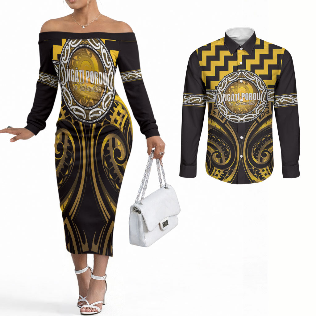Aotearoa Ngati Porou Personalised Couples Matching Off The Shoulder Long Sleeve Dress and Long Sleeve Button Shirt Maori Iwi Poutama Puhoro Tattoo