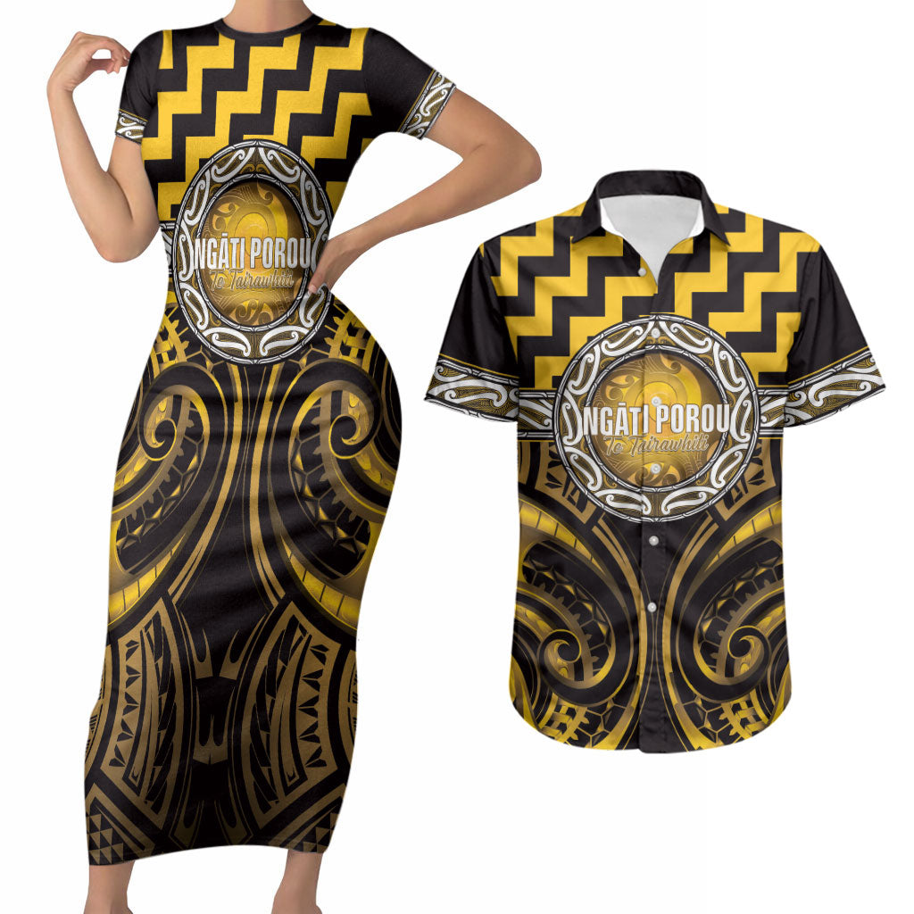 Aotearoa Ngati Porou Personalised Couples Matching Short Sleeve Bodycon Dress and Hawaiian Shirt Maori Iwi Poutama Puhoro Tattoo