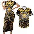 Aotearoa Ngati Porou Personalised Couples Matching Short Sleeve Bodycon Dress and Hawaiian Shirt Maori Iwi Poutama Puhoro Tattoo