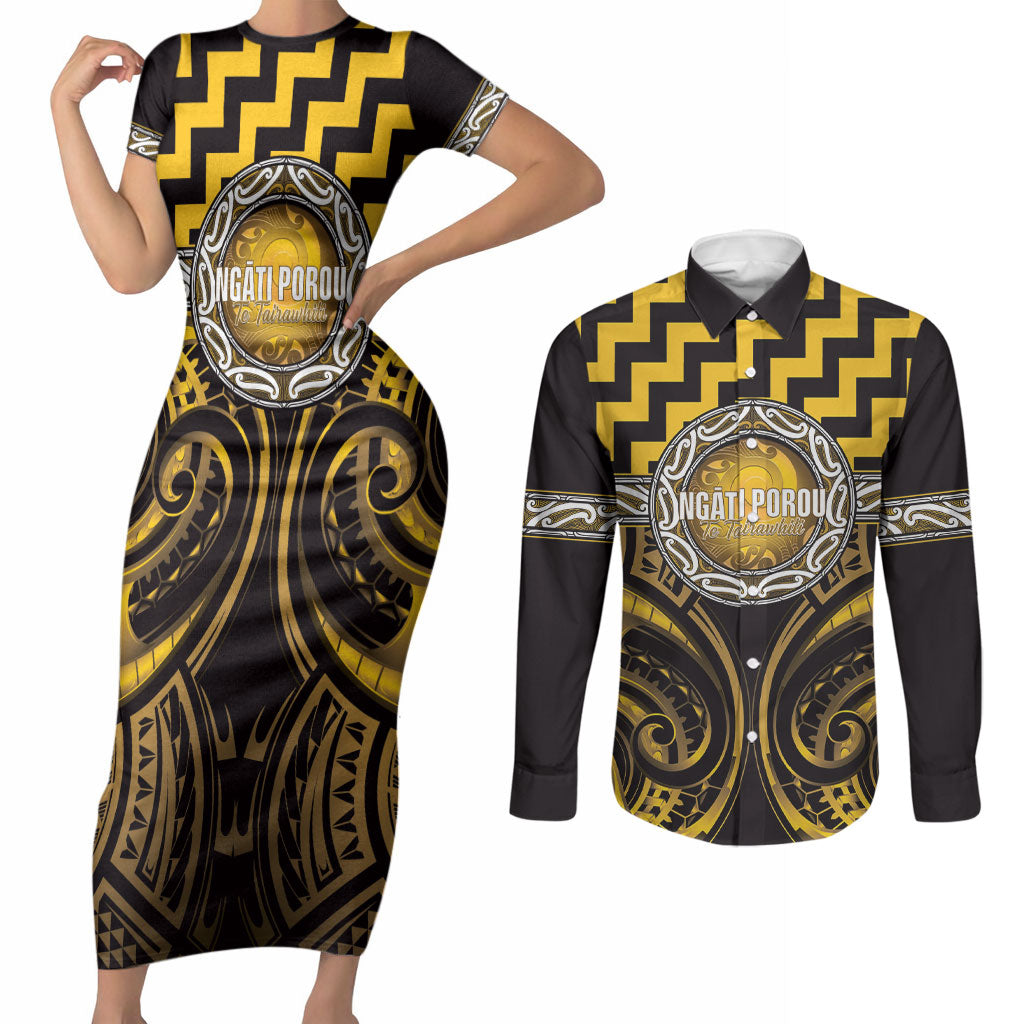 Aotearoa Ngati Porou Personalised Couples Matching Short Sleeve Bodycon Dress and Long Sleeve Button Shirt Maori Iwi Poutama Puhoro Tattoo
