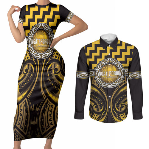 Aotearoa Ngati Porou Personalised Couples Matching Short Sleeve Bodycon Dress and Long Sleeve Button Shirt Maori Iwi Poutama Puhoro Tattoo